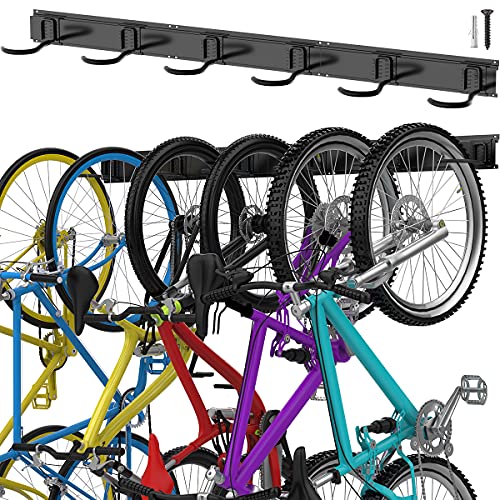 TORACK Bike Storage Rack, 6 Bike Rack Wall Mount Home and Garage Organizer, Vertical Bicycles Hanger Hooks for Indoor Space Saving - size: 48" Rail