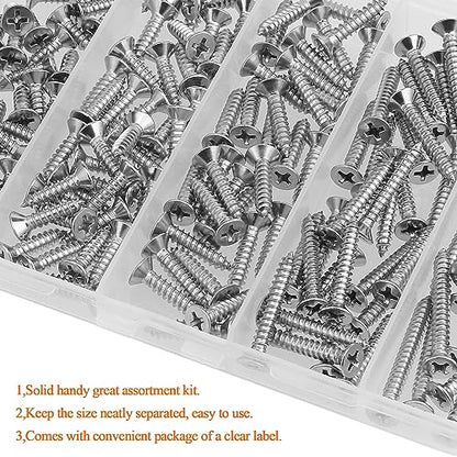 #7 x 1/2" 5/8" 3/4" 1" 1-1/4" Wood Screws Set, HELIFOUNER 160 Pieces Phillips Countersunk Head Self-Tapping Screws Assortment Kit, Phillips Flat Head Wood Screws, 304 Stainless Steel - size: #7
