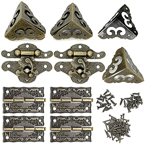 2 Set Retro Decorative Cabinet Jewelry Box Antique Latch Buckle Wooden Boxes Latch Decorative Hasp Latch Vintage Hinges and Corner Protector Hardware Kit for Crafts Gift Storage Box -Hollow - style: Hollow-Style