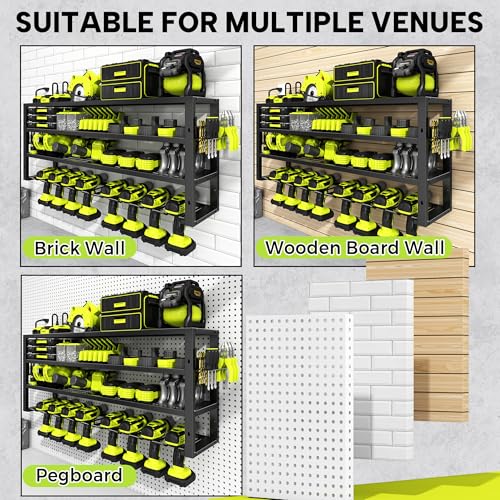 Large Power Tool Organizer Wall Mount with Charging Station, 8 Outlet Power Strip, 4 Layers 8 Drill Holder Heavy Duty Metal Tool Storage Loads 420lbs with Screwdriver Holder, Utility Racks for Garage