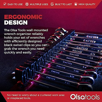 Olsa Tools Wall-Mounted Wrench Rack - Red Anodized Aluminum Rail with Black Clips - Stores 14 SAE or Metric Wrenches Securely - Professional Organizer - Part: 1028 - style: Red Aluminum + Black Clips