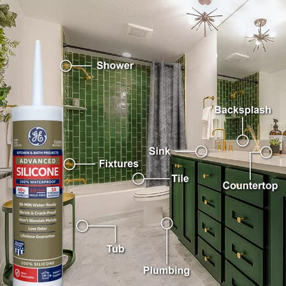GE Advanced Silicone Kitchen & Bath Sealant White, 2.8 oz, 1, Tube