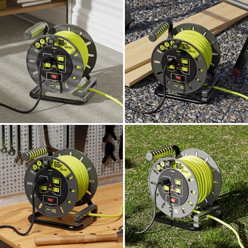 Masterplug 60ft Cord Reel, Retractable Extension Lead with Winding Handle, Safety Overload Circuit Breaker and Power Switch, 4X Grounded Outlets, 13amps, 14AWG Cable - size: 60ft