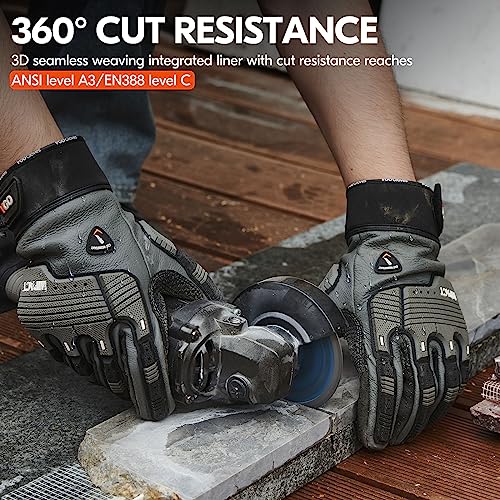 Vgo... Cutproof Gloves,Cut Resistant Gloves,HPPE Anti-cut Liner,Hand Protection,ANSI A3,Touchscreen - color: Gray(cow Leather), size: X-Large(1 Pair)
