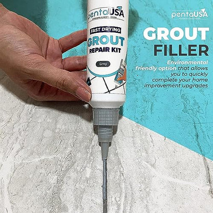 PentaUSA Tile Grout Repair Kit - Premixed Acrylic Sanded Grout for Bathroom, Shower & Kitchen, Water-Resistant Tube with Applicator, Fills Cracks and Gaps in Lines - Gray (8.8oz/250gr) - color: Gray