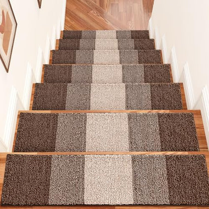 OLANLY Stair Treads Non Slip 15PCS, 8" x 30" Indoor Stair Runners for Wooden Steps, Edging Stair Rugs with Reusable Peel and Stick Adhesive for Kids Elders and Pets, Brown - color: Brown