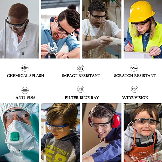 5 PACK Safety Glasses Goggles, Men Women Anti-fog Wide Vision Safety Goggles Eye Protection, Z87 UV 400 Blocking Eyewear Adjustable Temples Eye Shied for Lab,Yard work, Gardening, Lawn mowing - color: Black&yellow