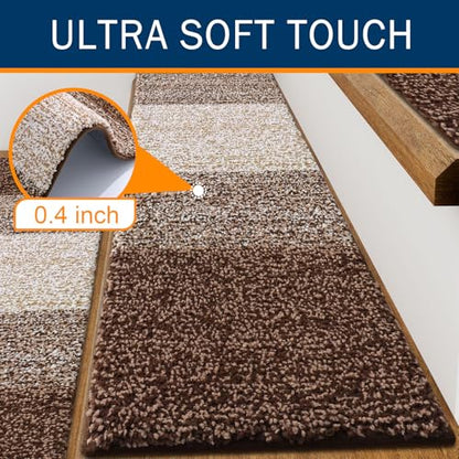 OLANLY Stair Treads Non Slip 15PCS, 8" x 30" Indoor Stair Runners for Wooden Steps, Edging Stair Rugs with Reusable Peel and Stick Adhesive for Kids Elders and Pets, Brown - color: Brown