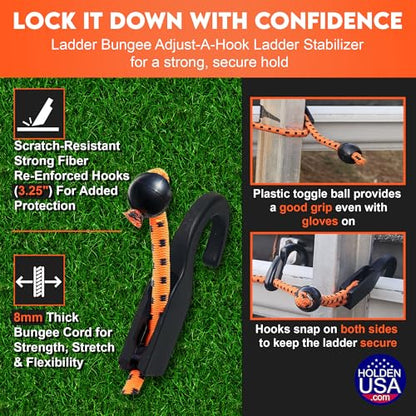 Holden USA - Adjust-A-Hook Ladder Bungee - Ladder Stabilizer Hook – Secure Ladder Safety Support for Roofs, Gutters, and Painting Prep – Durable Ladder Hook Attachment for Roofing and Gutter Work