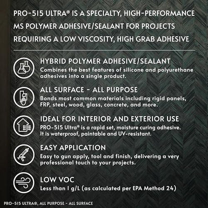 ROMAN PRO-515 Ultra All-Purpose, All Surface MS Polymer Construction Silicone Adhesive, Bonds Rigid Panels, Steel, Wood, Glass, Concrete, and More, 20.2 Fl. Oz. Sausage Pack