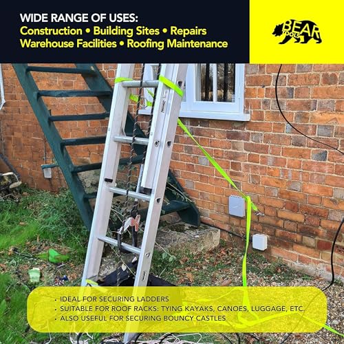 BearTOOLS 3 Meter Hi-Vis Ladder Strap C/W Cam Lock - Ladder Straps for Safety - Cam Lock Connector, Stabiliser for Work Ladders - Avoid Slips & Accidents When Working At Height - size: HVLS-WH-3-hooks
