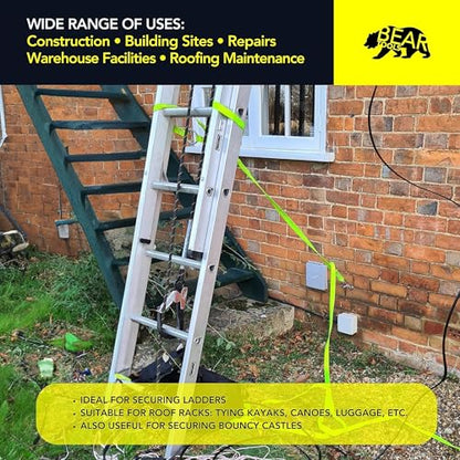 BearTOOLS 3 Meter Hi-Vis Ladder Strap C/W Cam Lock - Ladder Straps for Safety - Cam Lock Connector, Stabiliser for Work Ladders - Avoid Slips & Accidents When Working At Height - size: HVLS-WH-3-hooks