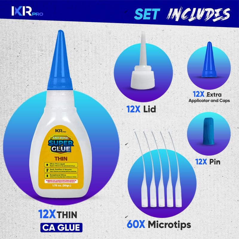 CA Glue Thin Viscosity Kit (12x1.75 oz.) Cyanoacrylate Glue, Super Glue for Precision Repairs, Wood, Plastic, Model Building, Crafts, and 3D Printing, Fast-Drying Adhesive for Tight Spaces and Cracks - size: 12 Pack, style: Thin CA Glue
