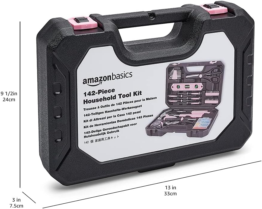Amazon Basics 142-Piece Household Tool Kit for Home Repair, Hand Tools with Storage Case, 13.39 x 9.25 x 2.95 inch, Pink - color: Pink