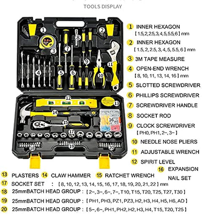 108 Piece Tool Box for Home, General Household Hardware Basic Tool Kit, Tool Set for Mechanic and Car Repair, with Storage Case