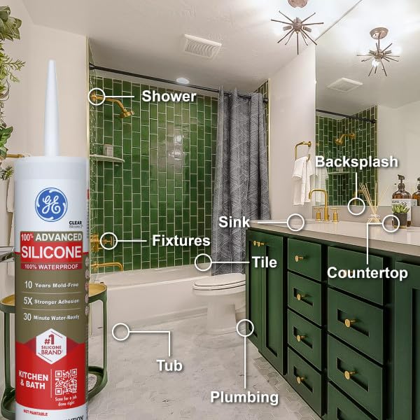 GE Advanced Silicone Caulk for Kitchen & Bathroom, White, 10 fl oz Cartridge, 12 Pack - 100% Waterproof Silicone Sealant, 5X Stronger Adhesion, Shrink & Crack Proof - color: White, size: Pack of 12