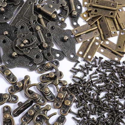 72 Pcs Retro Jewelry Box Hinges and Latches Hooks, Small Latches Hinges for Wooden Boxes Hardware, Antique Cabinet Furniture Hinge Hasp Clasp (Bronze Tone)