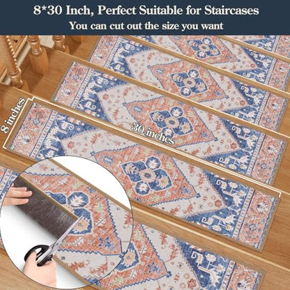 Lahome Non Slip Peel and Stick Stair Treads 15 Pack 8" X 30" Carpet Treads for Wood Stairs, Washable Self Adhesive Mat Edging Staircase for Tenant Defend The Steps from Scratches Dorie,Blue-Tan - color: Blue/Tan