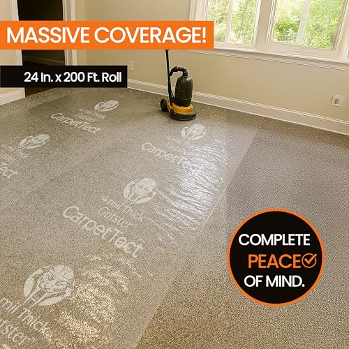 CarpetTect Floor Protection 24" x 200' | Heavy-Duty 4Mil Carpet Protection Film with Strong Adhesive | Plastic Carpet Protector & Surface Shield for Construction, Pets & Hardwood Floors