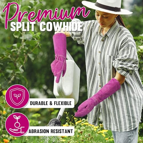 HANDLANDY Ladies Leather Gardening Gloves, Thorn Proof Women Rose Pruning Garden Yard Glove, Heavy Duty Long Sleeve Gloves (Small, Rosy) - color: Rosy, size: Small (Pack of 1)