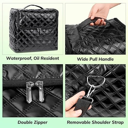 Deciniee Travel Makeup Bag, 4 Trays Large Cosmetic Bag for Woman with Adjustable Dividers, Organizer Bag Waterproof, Travel Essentials Cosmetic Bag, Train Case for Nail Tech Black - color: Black PU Rhombic Regular
