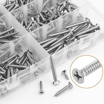 325 Pieces #6#8#10 Wood Screws Set, HELIFOUNER 8 Sizes Phillips Countersunk Head Self-Tapping Screws Assortment Kit, Phillips Flat Head Wood Screws, 304 Stainless Steel - size: #6#8#10