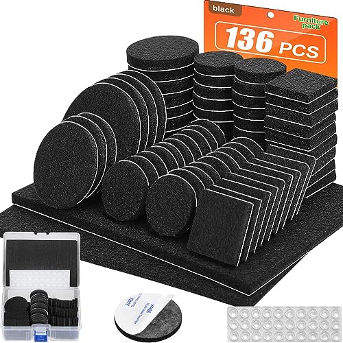 Felt Furniture Pads 136 Pieces, Felt Pads for Furniture Black 5mm Thick, Floor Savers for Furniture Anti Scratch, Best Floor Protectors with Case for Hardwood Floors - size: 136pcs Black