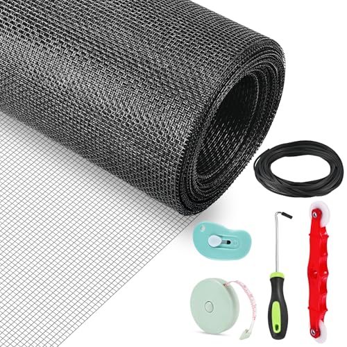 Window Screen Repair Kit, 48"x142" Window Screen Mesh, Window Screen Replacement Kit Include Durable Fiberglass Mesh/Roller/Hook/Ruler/Cutter/33Ft Spline for House Windows Doors Replacement