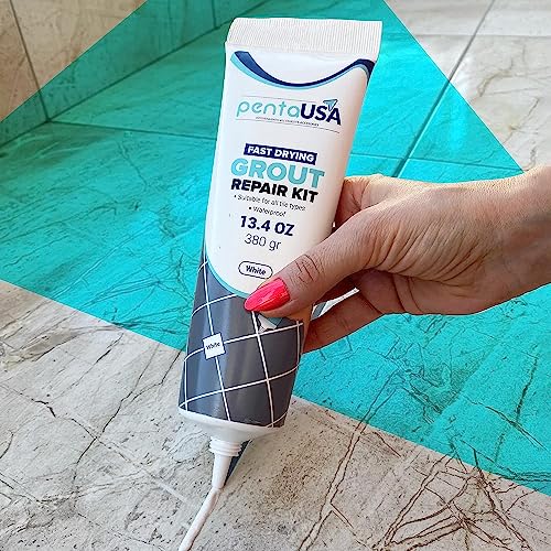 PentaUSA Tile Grout Repair Kit - White Premixed Acrylic Sanded Grout, Water-Resistant Grout Filler for Bathroom&Shower, Kitchen Floor, Fast Drying, with Applicator, 13.4 oz (380g) - style: White
