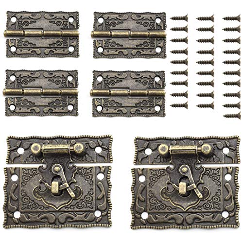 SDTC Tech Antique Bronze Rectangle Right Hook Hasp Latch and Engraved Hinge Kit for Decorating Vintage Style Furniture Jewelry Box Cabinet Suitcase (2X Hasps + 4X Hinges) - color: Bronze