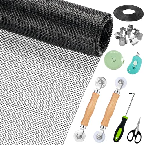 Window Screen Replacement,Screen Door Repair Kit, 48"x178" Black Window Screen Mesh,Including 50 FT Splines+Hooks+2 Rollers+8 Clips+Scissors+Knife+Tape Measure,Fully Equipped Window Screen Repair Kit - color: Black, size: 48"x178"