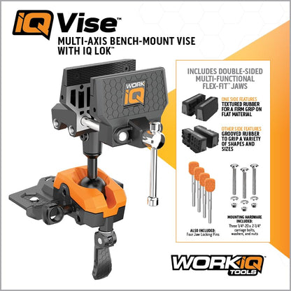 WORK IQ TOOLS 360° Rotating Bench Vise with 5" Jaw Pads - Versatile Woodworking & Pipe Vise for Home Improvement Projects - Compatible with Work Table Workbenches & IQ Connect Accessories