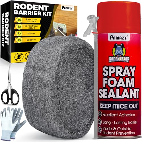 [Upgraded] Rodent Barrier Kit, Steel Wool Included PU Spray Foam Hole Filler for Mice Control 3.2"x7.5’ Rodent Control Fill Fabric, Gloves, Scissors,Gap Blocker in Hole Pipeline Vent in House, Garage - style: 1Pcs Steel Wool + 1Pcs Spray Foam