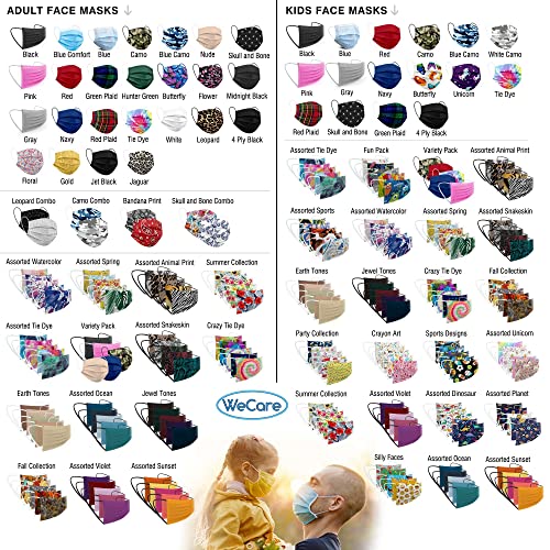 WECARE Disposable Face Mask Individually Wrapped - 50 Colored and Print Face Masks - color: Black
