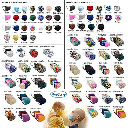 WECARE Disposable Face Mask Individually Wrapped - 50 Colored and Print Face Masks - color: Black