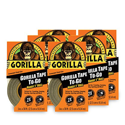 Gorilla Tape, Mini Duct Tape to-Go, 1" x 10 yd Travel Size, Black, (Pack of 6) - size: 6 - Pack