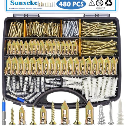 480 PCS Self Drilling Drywall Anchors Kit with Screws - 4 Sheetrock Anchors & 5 Screw Sizes (2025 Upgraded), No Drill Needed, Zinc Plated Steel and Plastic, Heavy Duty Wall Anchors - size: KIT-480PCS