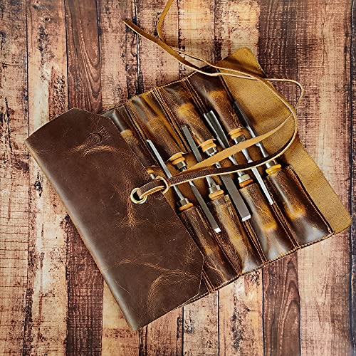 Leather Tool Roll Up Pouch - Leather Tool Wrench Roll/Chisel Bag by Rustic Town - style: 12 Slots(large)