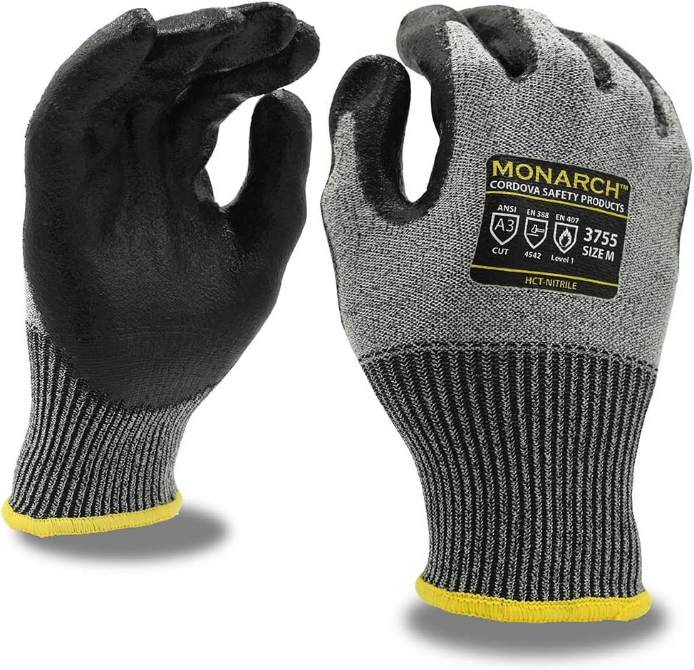 Cordova 3755L Monarch-Hct: 13-Gauge Gloves, Gray High Performance Shell, Black Hct-Nitrile Palm Coating, ANSI Cut Level A3, Large - size: Large